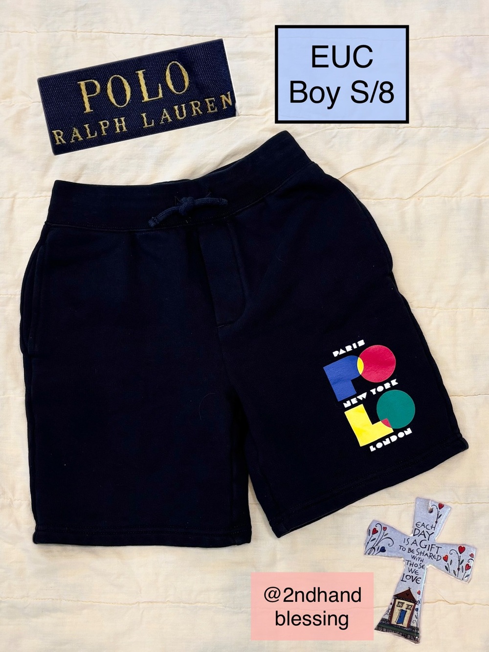 EUC Polo Ralph Lauren Black Logo Fleece Shorts Boy Sz S/8, Paris New York London